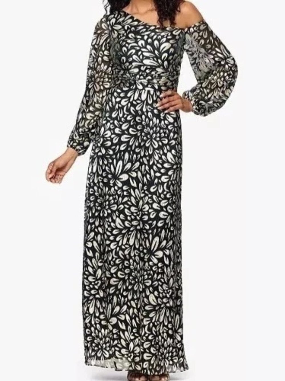 Betsy & Adam Navy Blue Gold Foil Print Long Sleeve Gown